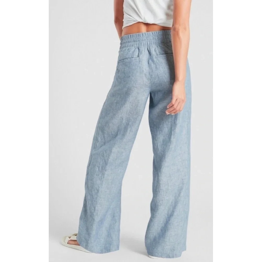 Athleta Cabo Linen Wide Leg Pants Chambray Blue Resort Beach Zip Pockets Size 4 - Picture 10 of 15
